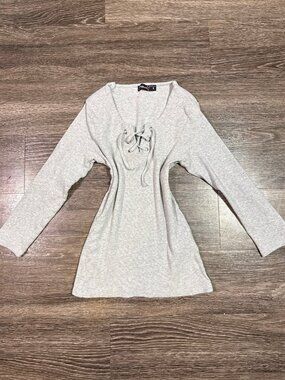 FB SISTER Lace-Up Ribbed Long Sleeve Top Light Gray Size S
